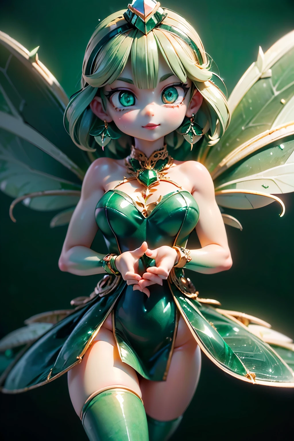 solo,1 Female,cute, cute,small ,Skin color is white,(Succulents Succulents Fairy:1.5),(An accurate and perfect hand:2.0),(Anatomically Accurate Hands:2.0),( ballerina pose :1.5),(Emerald Green Jewel-like Eyes:2.5),(Glittering Highlights Reflected Light:2.0),(Background is a Blue Sky and Beautiful Fresh Green Forest:1.5),(Yellow-green shiny semi-long hair:1.2),(is smiling:1.2),(with large transparent Dragonfly and agave wings growing on its back:1.7),(beautiful luxurious dress like metallic green Succulents:1.5),big cute smile,(Dragonfly's Beautiful Wings on Her Back:1.5),[Dragonfly Wings:1.5],(The background is a blue sky, beautiful fresh greenery, and an agave forest:1.5),(8k,very detailedCGユニットのwallpaper, masterpiece,high resolution, real texture skin,surrealistic,increase resolution,RAW photo,best quality,very detailed,wallpaper,Movie Lighting, Raytrace ,face close-up,(Face Light:2.0),(Increase overall color saturation:2.0),(cowboy shot:1.5),