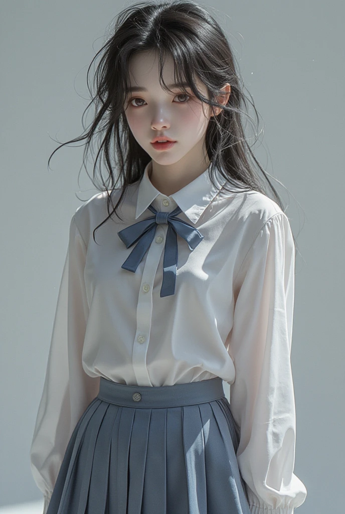 Dressed, (Photoreal: 1.4), (Hyperrealistic: 1.4), (Realistic: 1.3), (Smooth Lighting: 1.05), (Improved Cinematic Lighting: 0.9), 32K, 1 Girl, 20 Year Old Girl, Realistic Lighting, Backlit, Face Lights, Ray Tracking, (Bright Light: 1.2), (Quality Improvement: 1.4), ( Realistic textured skin of the highest quality: 1.4), fine detailed eyes, detailed face, fine quality eyes, brown eyes, (tired, sleepy and satisfied: 0.0), with a thin braided hairstyle from the temporal part to the sides, tied with a white ribbon, (blouse with a white collar), (blue ribbon tie on the collar), (enhances the atmosphere of the body line: 1.1), (enhances the beauty of the skin texture: 1.1), on the bed, Dark blue long skirt, white silk ankle-length socks, high quality, masterpiece, highly detailed, high resolution, 4K, ultra high definition, detailed shadows, ultra-realistic, realistic, dramatic lighting, 1girl, solo, detailed face, realistic eyes, realistic skin, dynamic hair, dynamic pose, dynamic angle, white flower dress, white background, ulzzang-6500-v1.1, (raw photo:1.2), (photorealistic:1.4), beautiful detailed girl, very detailed eyes and face, beautiful detailed eyes, ridiculous, incredibly ridiculous, huge file size, super detailed, high resolution, very detailed, best quality, (Bright indoor), (soft light), (low contrast), (shallow depth of field), (portrait of a beautiful woman illuminated by gentle light), (extremely delicate and elegant depiction), (short length bangs), (hair color is a dark chestnut shade with a slight brown tone), (hair with a subtle and gentle wave), (small braids intricately woven on the side of long hair), (adorned with a thin ribbon), (white blouse with small frills), (bow tie), (blue long skirt), (white short ankle socks), illustration, very detailed, CG, unified, 8k wallpaper, amazing, fine detail, best quality, Very detailed CG unified 8k wallpaper, face light, movie lighting, 1girl, 16 years old, ((no panties)), ((dynamic pose))), (camel toe), (half