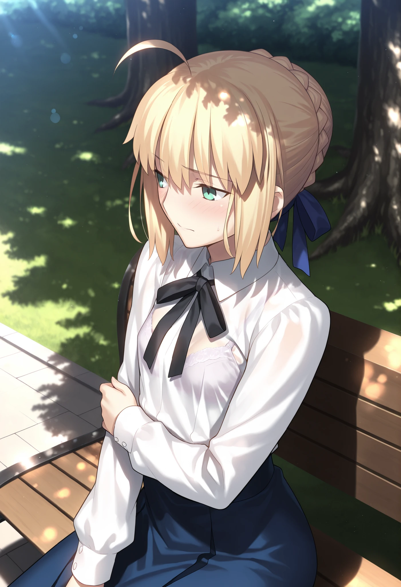 masterpiece, , absurdres, highres, detailed background, high resolution, masterpiece, necessary, detail, best quality, quality, necessary, details, High details, Precise, dark, outdoors, dappled sunlight, day, lens flare, blurry background, from above, upper body, from side, from above, close up,
1girl, solo, Takeuchi Takashi (type-moon,fate) style, takeuchi takashi style,
tall girl, mature, artoria pendragon, artoria pendragon (fate), saber, hair bun, single hair bun, braid, blonde hair, green eyes, half-closed eyes, , ahoge, (sitting on bench), embarrassed, arm under breasts,
(long skirt, shirt, long sleeves, ribbon, white shirt, pantyhose, black pantyhose, blouse,), see-through, bra, undress black ribbon, small breast, flat chest, , looking away ,