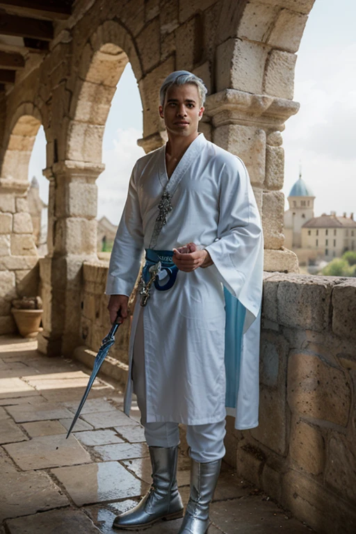 Homem elegante, Strong physique, Manto branco, Arabic pants of white color, blusa nobre azul claro, Botas Brancas, messy light blue hair, look of satisfaction, short hair, olhos azuis escuros, Noble appearance, holding a silver spear, Castelo Antigo, Medieval setting.
