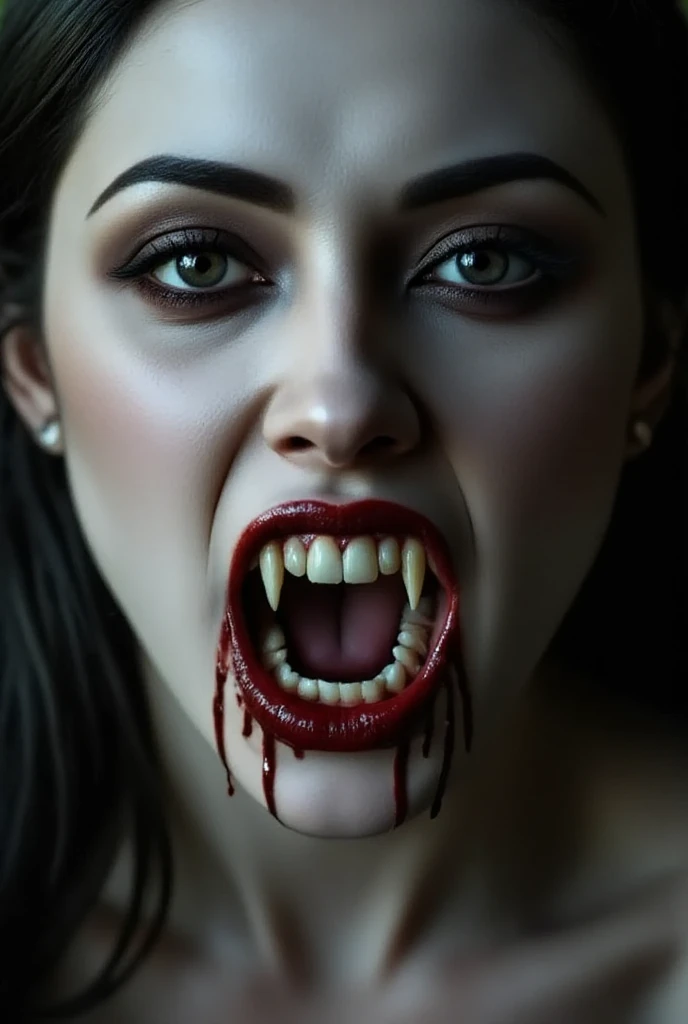 (masterpiece, top quality, best quality, official art, beautiful and aesthetic:1.2), (black and white:1.5), a pale Vampire girl with white skin, long hair flowing, black hair, ((open mouth, vampire teeth, angry face)), ((blood dripping from mouth)), demon behind in all black, occult, oil painting:1.5, gloomy, holy, dark backgroound, black background, a dark shadow behind.