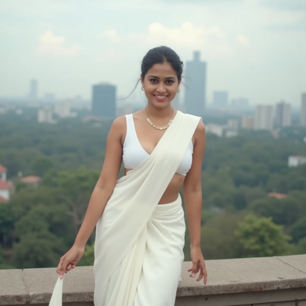 sexy curvy Kerala woman standing, posing for a photo on top of a mountain. Long Ponytail. Clouds and mist. Perfect happy face, wearing earrings, necklaces, bracelets, anklets, and hiking boots. Flowers in hair. Early Morning scene. Full body. Wearing a blouseless white saree. Utility belt. Big backpack. Morning sun rays, warm light. Raining and wet body.