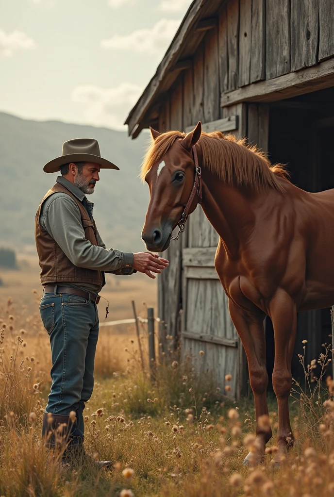 Photo of a farmer having a horse