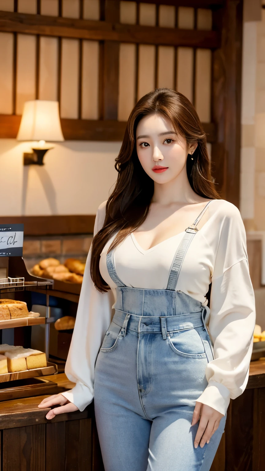 Park Min-Young stands confidently IN FRONT OF THE BAKERY SHOWCASE, her gaze directed at the enticing treats on display. Soft white light, like a gentle morning mist, envelops the scene, highlighting her porcelain skin and subtle highlights. She wears a sheer white blouse and modern TIGHT JEANS, creating a striking contrast against the cozy café atmosphere. Her layered perm-brown hair frames her captivating smile and deep red lips, set against a charming backdrop of weathered wooden beams and warm café lighting. The juxtaposition of the inviting bakery scene with the cool-toned winter scenery outside, in Seoul's snowy landscape, adds to the allure.,veiny breasts,large breasts