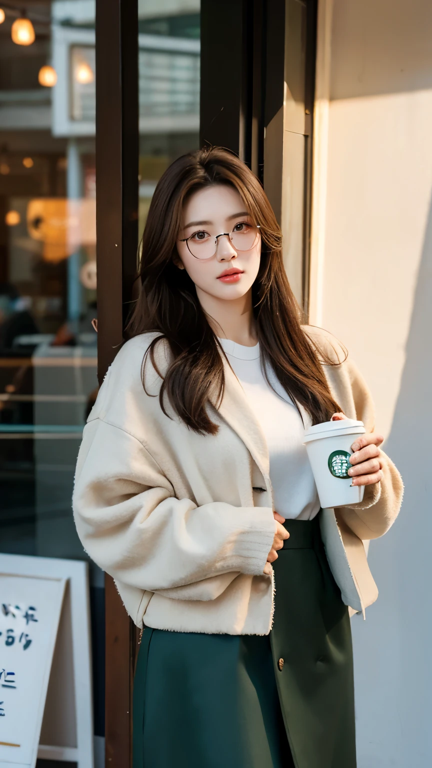 A stunning Russian-Asian model stands outside a rustic café, bathed in soft white light that accentuates her porcelain skin. She wears a light-brown oversized jacket over a crisp white high-neck knitted and modern Korean-inspired suit, her cascading brown hair framing her face. Modern Korean glasses sit atop her nose, and she holds a Starbucks coffee cup with confidence. The weathered dark green café doors, provide a charming backdrop. Cozy café light contrasts with the cool-toned alleyway, where subtle shadows dance across her features as she stands confidently amidst the winter scenery of Seoul.