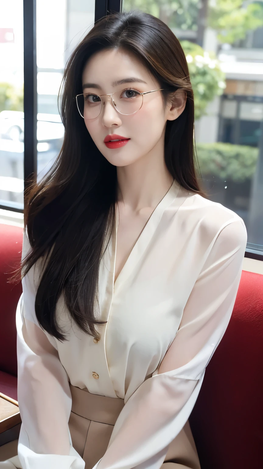 In Tokyo's vibrant streets, an alluring young woman stands before a serene cafe window, bathed in warm morning light. Her radiant porcelain skin glows with subtle highlights as she wears a sheer white blouse, accentuating her toned physique and delicate features. Her expressive brown eyes gaze directly at the viewer through modern Koraen glasses, framing her captivating smile and deep red lips that exude magnetic beauty against a backdrop of glamour and timeless elegance.