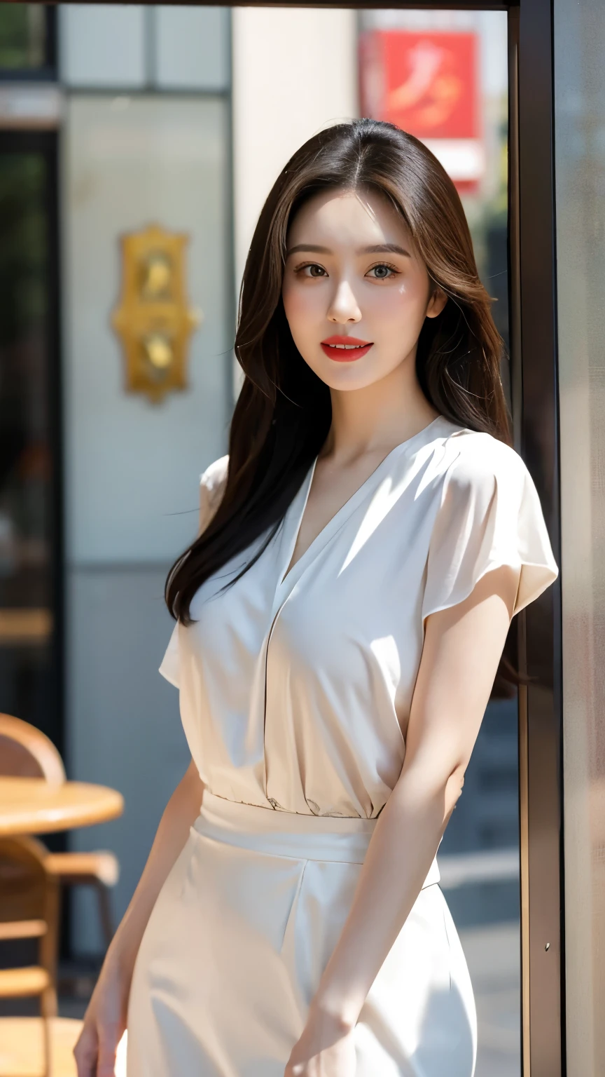 In Tokyo's vibrant streets, an alluring young woman stands before a serene cafe window, bathed in warm morning light. Her radiant porcelain skin glows with subtle highlights as she wears a sheer white blouse, accentuating her toned physique and delicate features. Her expressive brown eyes gaze directly at the viewer through modern Koraen glasses, framing her captivating smile and deep red lips that exude magnetic beauty against a backdrop of glamour and timeless elegance.