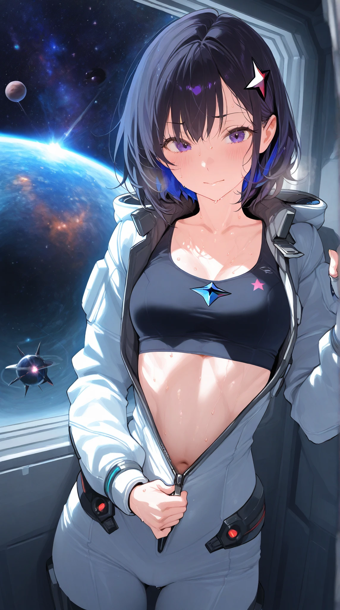 Kizi,(enchanced quality:1.4),(Top quality true texture skin), Delicate face,Black hair, Gradient hair, Petite body,(perfect bodies:1.1), There are precious stones on the forehead, rimless eyewears, Sparkling pupils,long eyelasher,grin, hyper photorealism, Cinematic lighting, projected inset, surrealism, hyper HD, Masterpiece, 16K quality,Lie down,dream on,Wear transparent silk pajamas,Carmelto,Legs slightly open,Foot shaking,Tattooed with,Fantasy space,Luxurious space,Visible all over the body,Sticking out the tongue,Teasing seductive,C cup,Extremely cute,Cleavage is seductive,Pornistic,Fascinating,in heat。