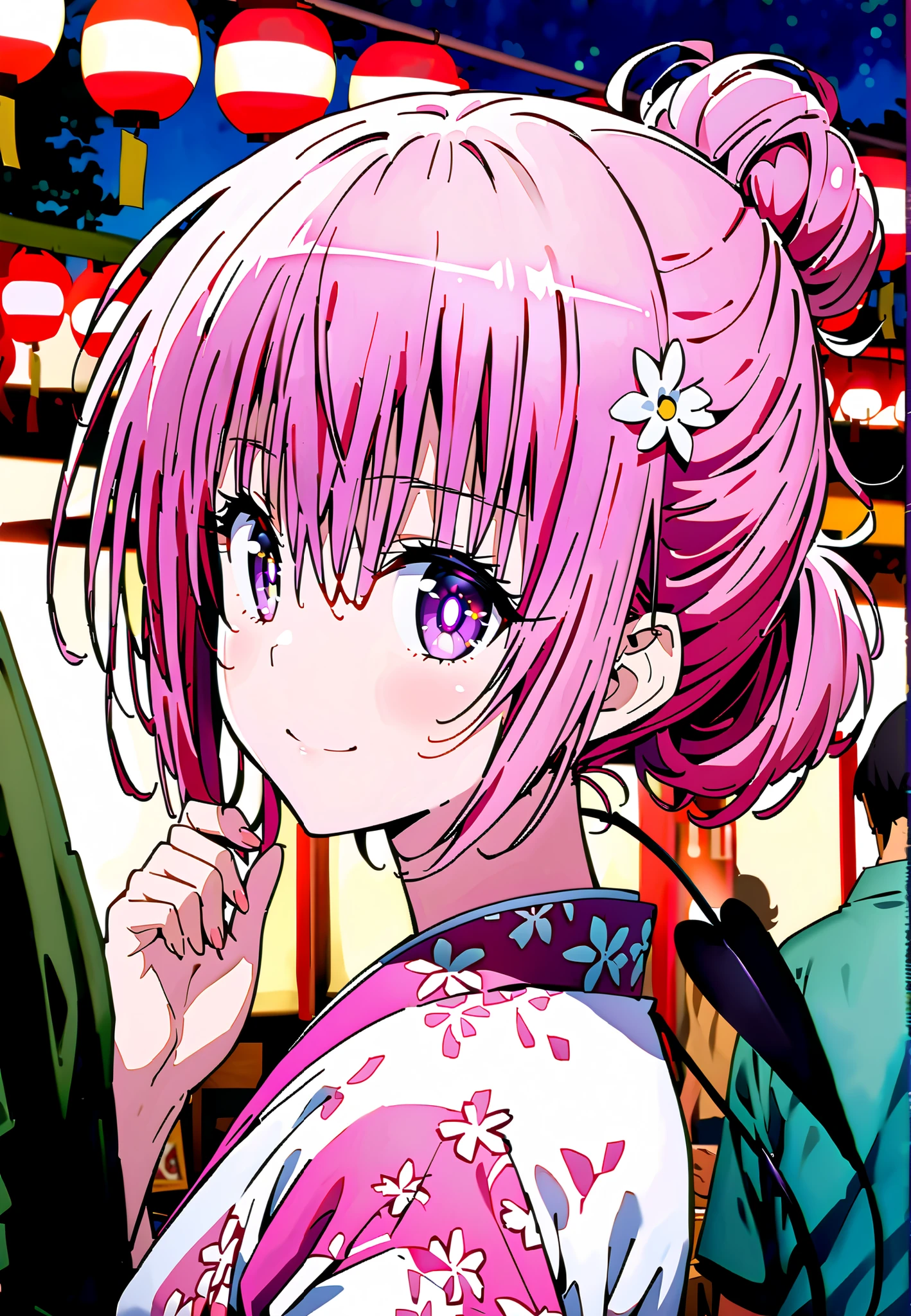Momo Devil, Momo Deviluke, solo,Demon Tail, hair flower, hair ornament, purple eyes, Picnic, smile,cover,close your mouth,side lock,single bun hair,Nape,Pink floral kimono,standing,Red Lantern,Japanese stalls ,Light up fireworks,night,crowd,full bodyがillustrationsに入るように,break outdoors, Japanese Festival,
break looking at viewer,full body,
break (masterpiece:1.2), Best Quality, high resolution, Unity 8k 壁紙, (illustrations:0.8), (beautiful detailed eyes:1.6), extremely detailed face, so that it fits into the illustration, Extremely Detailed CG, (perfect hand, Perfect Anatomy),