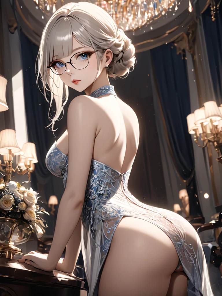 I want to be a powerful figure behind the scenes！,beta,Beautiful white silver hair,Medium Short Hair,Braids on the front only,Aligned bangs,Black-rimmed glasses,,Beautiful Blue Eyes,Elf Ears,Beautiful white skin,Photorealistic,Ultra HD,high quality,masterpiece,Digital SLR,Detailed details,Intricate details,Anatomical basis,Depicted in detail,A detailed face,Realistic skin texture,Vivid details,Perfect ???????,Perfect ???????,Anatomically correct hand,Anatomically correct fingers,Super Detail,Complex 3D rendering,Sexy pose,Beautiful back view,White see-through dress,Wet,Beautiful night sky,A beach with a beautiful starry sky,Fantasy worldview,Picturesque,Pink Lips,smile,