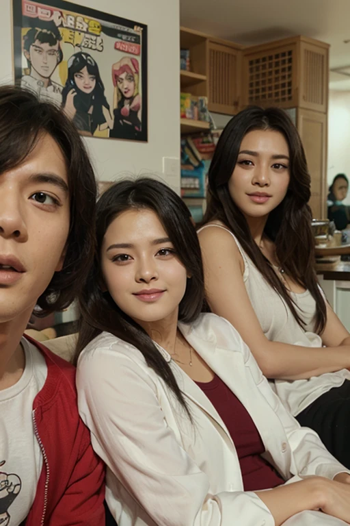 A realistic photo in a Thai style. A sexy and well-defined black-haired young woman is accompanied by her husband and lover., The three of them were excited about the situation and enjoyed the teasing., She looked very excited and her breasts were showing.., 