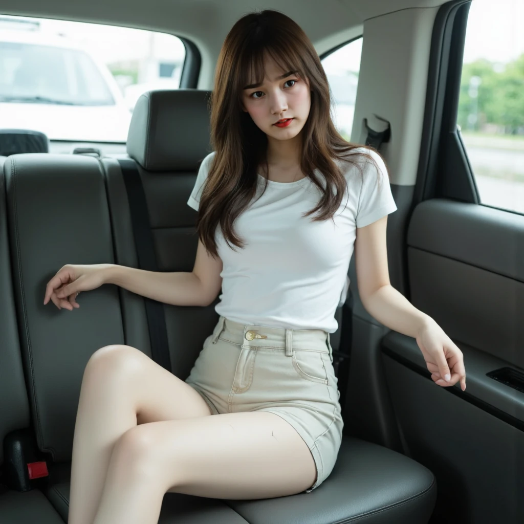 In the car in the daytime、Woman sitting across from me sleeping soundly、Skirts in light colors、slightly open legs、Panties are slightly visible、full body Esbian、Wide shots from very low positions