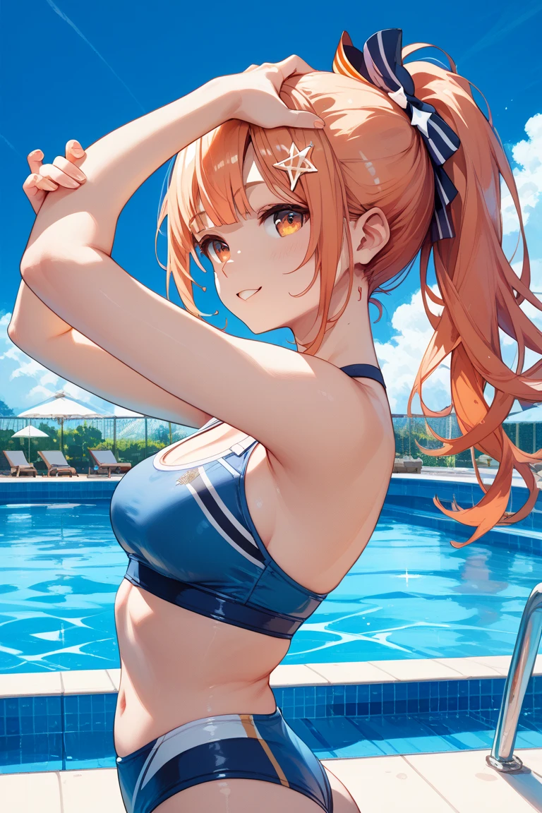 {daiwa scarlet\(umamusume\)}, ((((ultra-detailed face)))), beautiful face, symmetrical face, ((masterpiece)), best quality, bikini, selfie, horse tail, light smile, (muscular), (abs:0.9), (large tits:0.6), pool, front