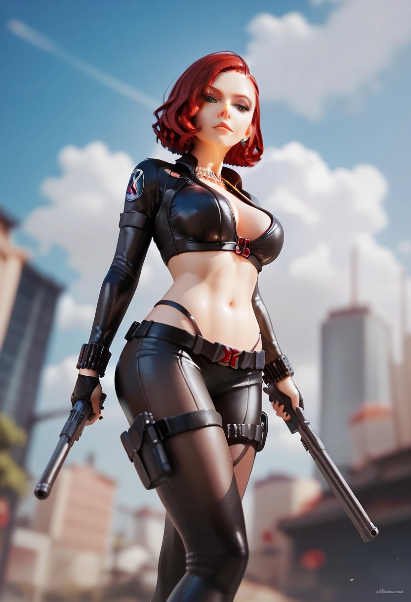 8k, Ultra HD, super details, high quality, high resolution. The heroine
Black Widow looks beautiful in a full body photo, her body is sculptural, her medium red wavy hair is radiant in a perfect combination with her white skin, her bright blue eyes mesmerize everyone. She is wearing her heroine costume, It consists of, A tight, skin-tight jumpsuit made of a strong, flexible material, probably kevlar or a similar material, The jumpsuit has zippers on the sides for easy movement and access, There are details in red on her chest, forming a stylized hourglass symbol, which is a reference to her nickname "Black Widow", She wears a black belt with several compartments and pockets to carry her equipment and weapons, Her boots are black, with thick soles and non-slip for better traction, She wears black gloves that cover her forearms, with red details on the back of her hands. She looks very sexy, drawing attention to her big breasts and thick legs.
