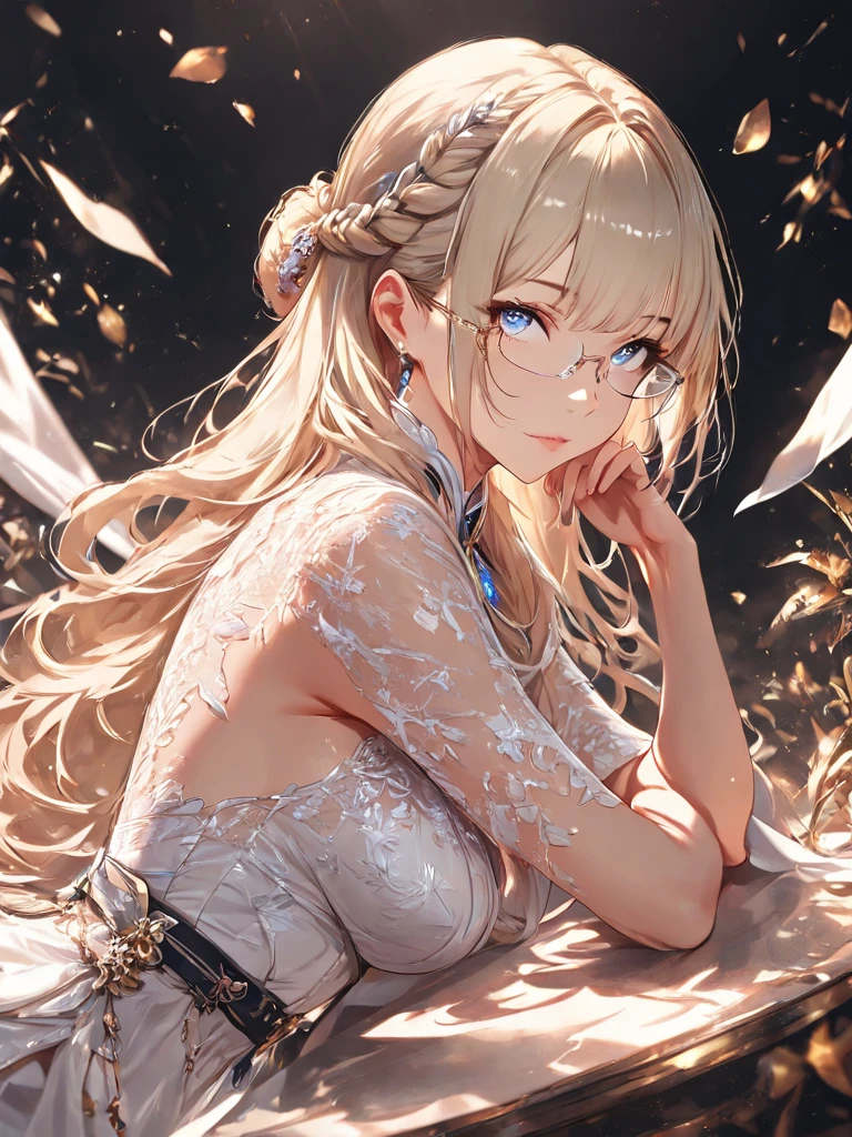 Filles, cheveux longs blonds et roses, detailled eyes, dorées and flamboyant pupils, grosse poitrine, clivage, robe de nuit sexuelle, crescent earrings, flower hairpin, Descendre les escaliers, coucher de soleil, Au lit, lying at the bed, Lens rash abuse, aberration chromatique, High detail, Anime, romantisme, op art, profondeur de champ, Flou de mouvement, glowing light, grain du film, UHD, retina, Precise, Masterpiece, anatomiquement correct, textured skin, super detail, High Details, High quality, award winning, Best quality, high resolucion, 16k
