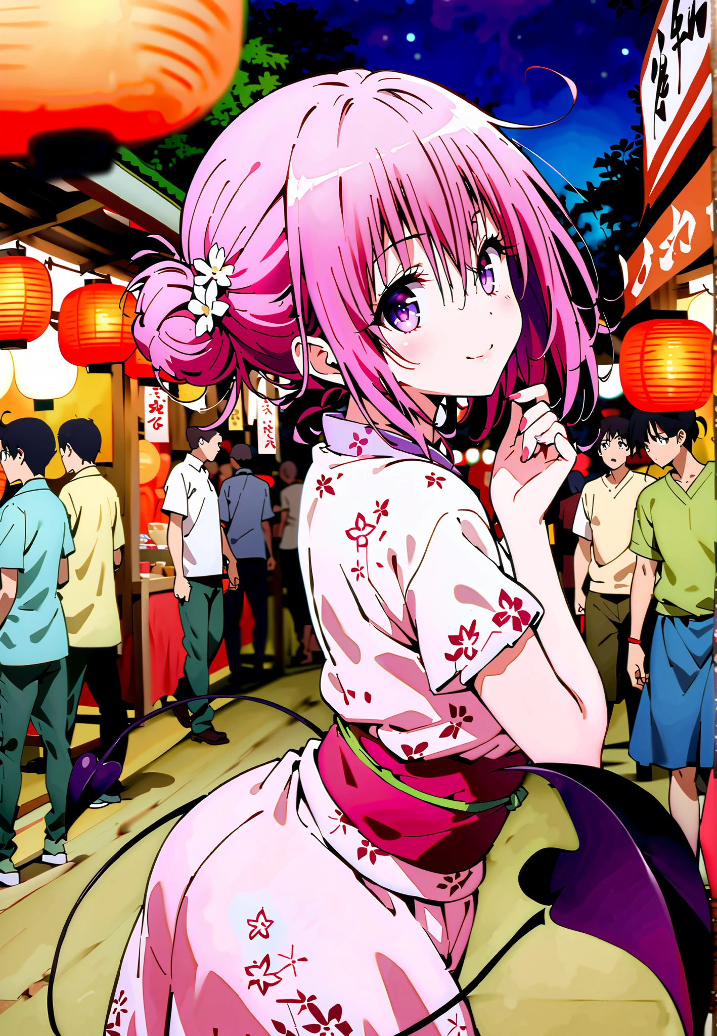 Momo Devil, Momo Deviluke, solo,Demon Tail,  hair flower, hair ornament, purple eyes, Picnic, smile,cover,close your mouth,side lock,single bun hair,Nape,Pink floral kimono,standing,Red Lantern,Japanese stalls ,Light up fireworks,night,crowd,full bodyがイラストに入るように,break outdoors, Japanese Festival,
break looking at viewer,full body,
break (masterpiece:1.2),Best Quality ,Kampala,unity 8k 壁紙,(shape:0.8),( fine and beautiful eyes :1.6),It's a person ,full body写真,CG Details , (perfect hand,complete anatomy),