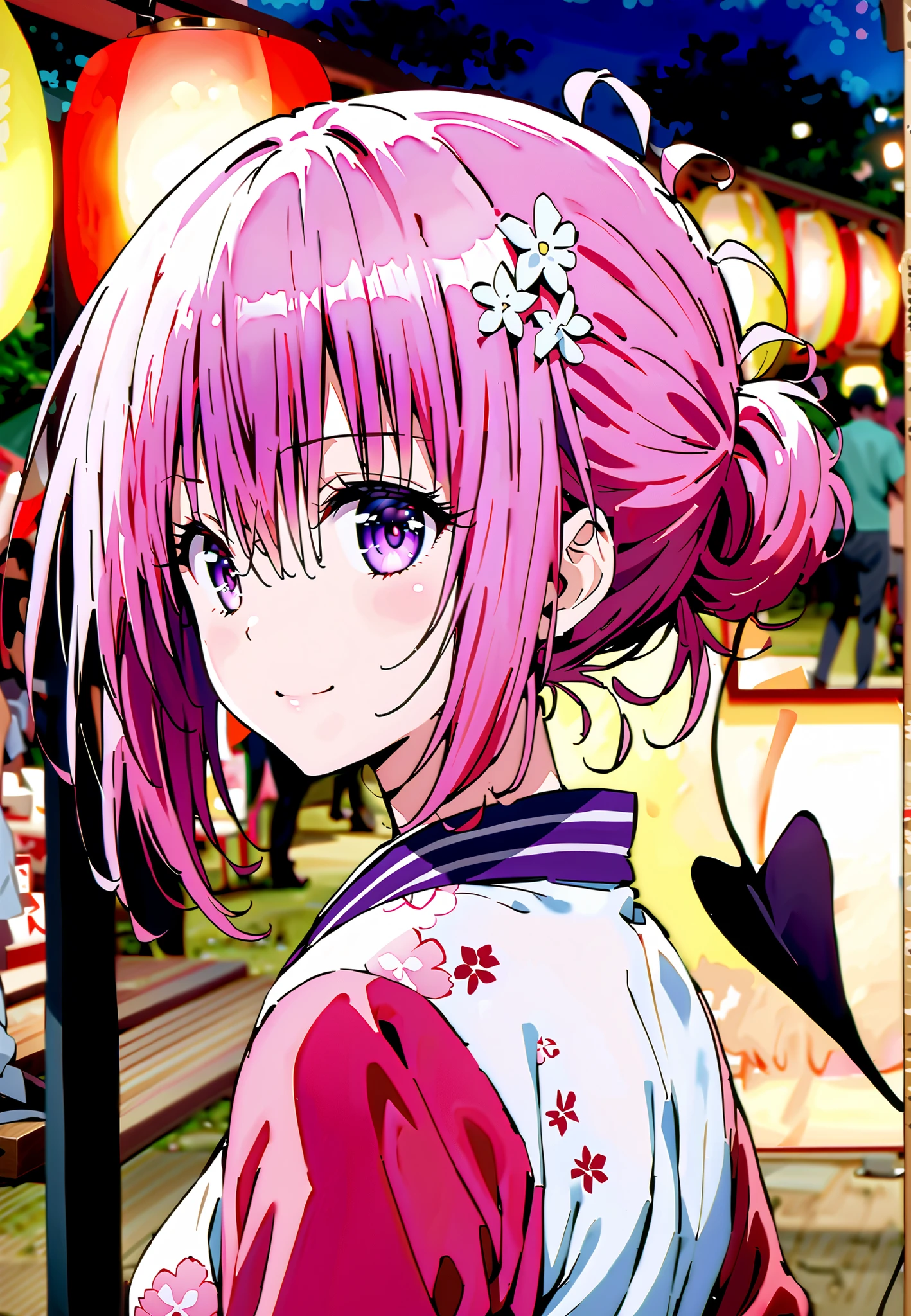 Momo Devil, Momo Deviluke, solo,Demon Tail, hair flower, hair ornament, purple eyes, Picnic, smile,cover,close your mouth,side lock,single bun hair,Nape,Pink floral kimono,standing,Red Lantern,Japanese stalls ,Light up fireworks,night,crowd,full bodyがイラストに入るように,break outdoors, Japanese Festival,
break looking at viewer,full body,
break (masterpiece:1.2),Best Quality ,Kampala,unity 8k 壁紙,(shape:0.8),( fine and beautiful eyes :1.6),It's a person ,full body写真,CG Details , (perfect hand,complete anatomy),