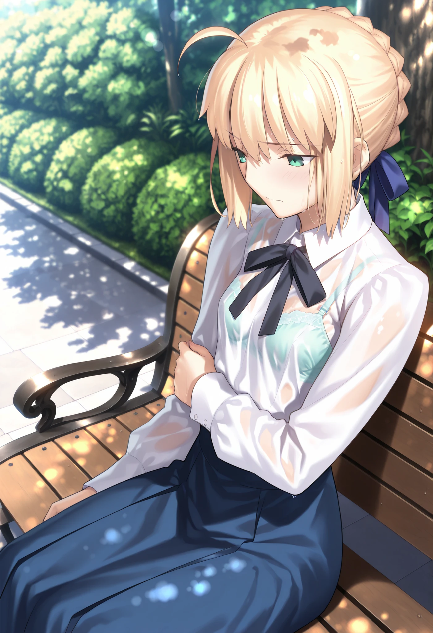 masterpiece, , absurdres, highres, detailed background, high resolution, masterpiece, necessary, detail, best quality, quality, necessary, details, High details, Precise, dark, outdoors, (dappled sunlight), day, lens flare, blurry background, from above, upper body, from side, from above, close up,
1girl, solo, Takeuchi Takashi (type-moon,fate) style, takeuchi takashi style,
tall girl, mature, artoria pendragon, artoria pendragon (fate), saber, hair bun, single hair bun, braid, blonde hair, green eyes, half-closed eyes, , ahoge, (sitting on bench), embarrassed, arm under breasts, wet body,
(long skirt, shirt, long sleeves, ribbon, white shirt, pantyhose, black pantyhose, blouse,), see-through, bra, undress black ribbon, small breast, flat chest, , looking away , looking down,