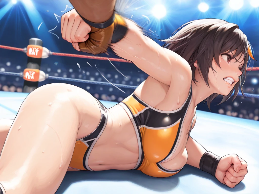 full body photographed、masterpiece、top-quality、hight resolution、A dark-haired、weak、High leg cut swimsuit、white sporty boots、Sweaty skin、Professional wrestling venues、professional wrestling、((On the ring of professional wrestling:1.1))、Red face、 girl,Young Woman's ((all-fours:1.2))、(tiny chest:1.2)、Eyes closed、is crying、Crying、Mouth open、knockout、Facing down