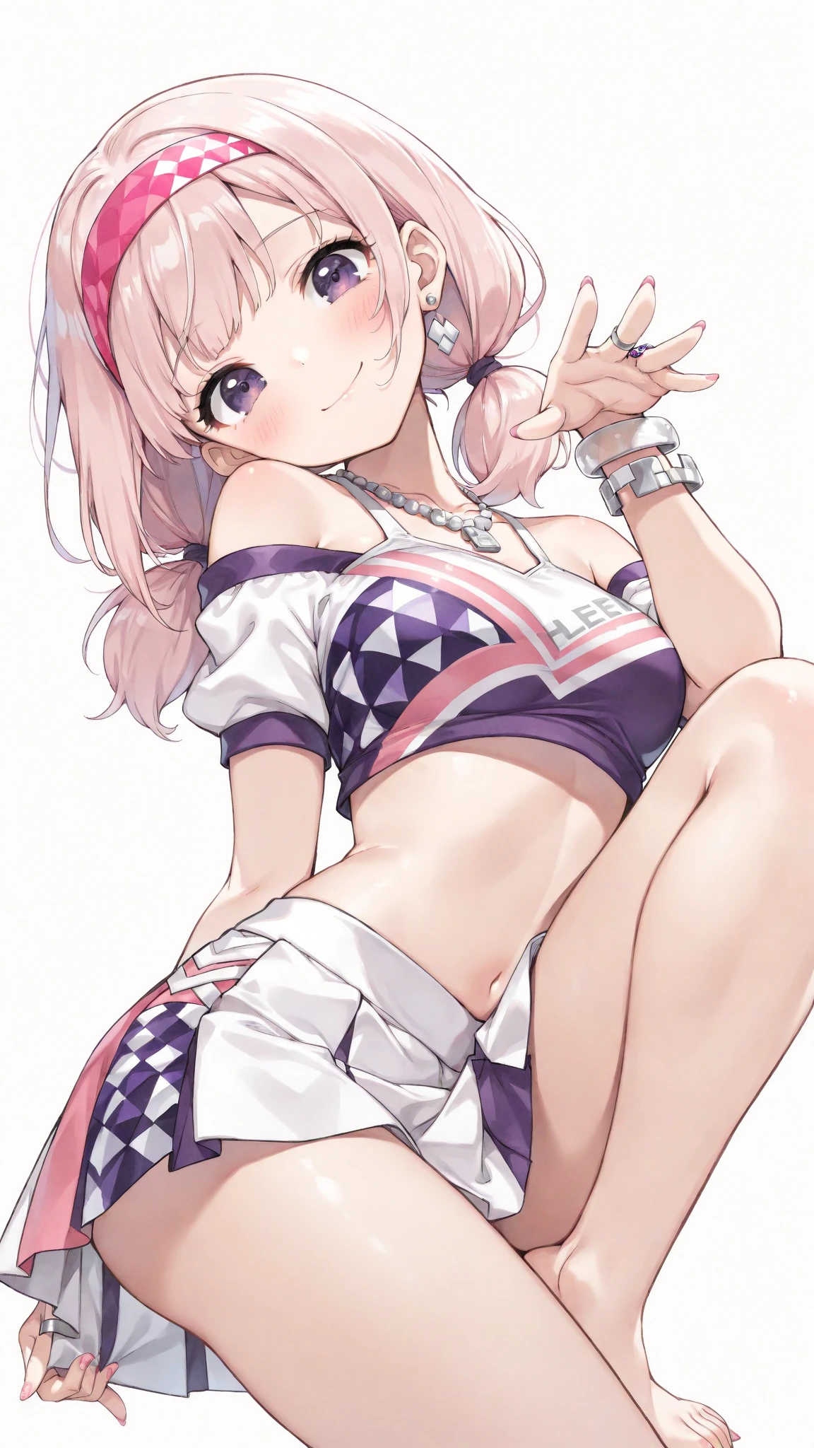 <lora:YumemiRiamuV4-000003:1>, YumemiRiamu, 1girl, breasts, jewelry, solo, pink hair, yumemi riamu, shirt, open mouth, multicolored hair, t-shirt, collar, large breasts, ring, bottomless, fang, earrings, two-tone hair, bracelet, covered nipples, naked shirt, blush, looking at viewer, short hair, collarbone, bangs, pill earrings, cleavage, hair intakes, simple background, ass, blue hair, off shoulder, pink eyes, leaning forward, short sleeves, ahoge, off-shoulder shirt, white shirt, pink collar, bare shoulders, heart-shaped lock, no bra, hair between eyes, bent over, skeleton print, hand up, bangle, heart, thighs, hanging breasts