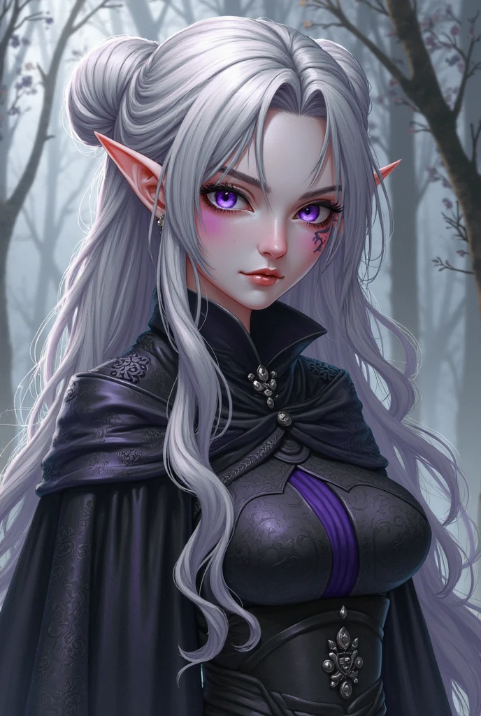 Uma drow, Anime cartoon style assassin Blueish purple skin, clear eyes, White hair, scar on eye