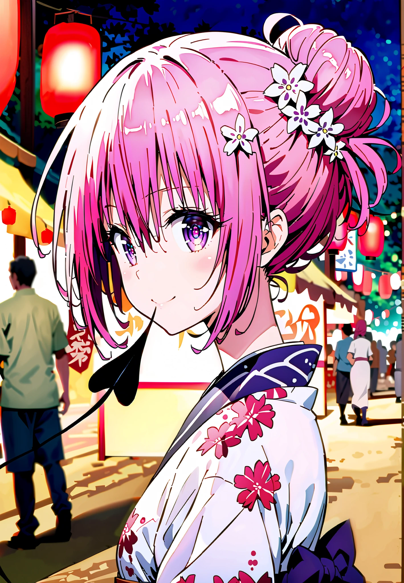 Momo Devil, Momo Deviluke, solo,Demon Tail, hair flower, hair ornament, purple eyes, Picnic, smile,cover,close your mouth,side lock,single bun hair,Nape,Pink floral kimono,standing,Red Lantern,Japanese stalls ,Light up fireworks,night,crowd,full bodyがillustrationsに入るように,break outdoors, Japanese Festival,
break looking at viewer,full body,
break (masterpiece:1.2), Best Quality, high resolution, Unity 8k 壁紙, (illustrations:0.8), (beautiful detailed eyes:1.6), extremely detailed face, so that it fits into the illustration, Extremely Detailed CG, (perfect hand, Perfect Anatomy),