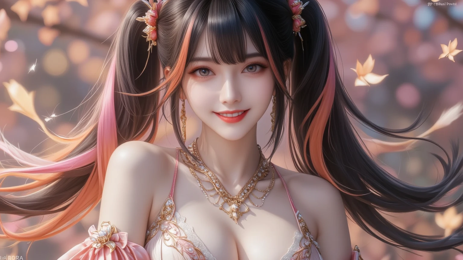 (8k, RAW photos: 1.2), highest quality, ultra high resolution, (((cleavage coordination from head to bottom of breast)), dramatic angle, (pink petals fluttering), (illustration), (1 girl))), (long hair ponytail), (transparent white sheer floral dress)), beautiful face (light brown hair, blue eyes), (bright lip gloss, long eyelashes), Smooth) face, bright skin, natural shadows, wide light, wide light, depth of field, strong colors, subtle caustics: 0.8), smile, (big), (rain: 0.9), behind the girl is Hanazono, (focus), ((standing on the surface of the water)), (color splash), colorful splash, ((colorful))), (sketch: 0.8), masterpiece, best quality, beautifully painted, highly detailed, ( Denoise: 0.6), [Splash Ink], ((Ink Refraction)), (Beautiful Detailed Sky), Highly Detailed, (Masterpiece, Best Quality, Very Detailed) CG Unity 8k Wallpaper, Masterpiece, Best Quality, Ultra Detail), (Lycoris radiata)