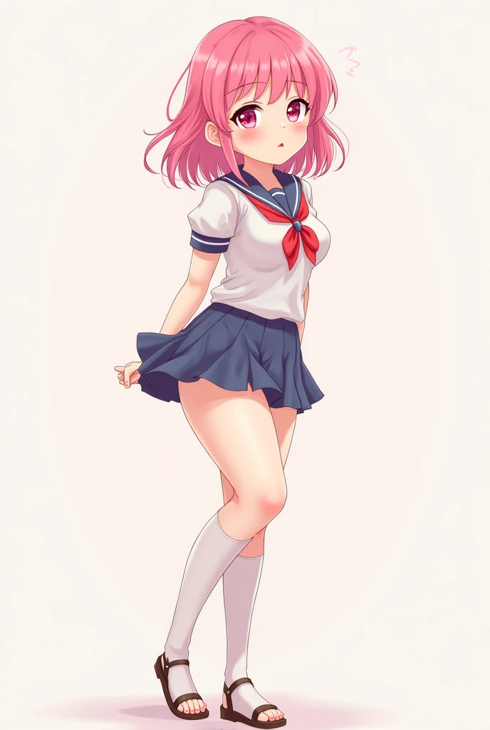 score_9, score_8_up, score_7_up, source_anime, simple dark background,
1girl, cute girl, japanese girl, (pink_hair:1.4), (pigtails hair with bangs), smile, brown eyes, cute eyes, eyelashes, looking away, (topless:0.8), school_uniform, (sailor_collar:1.5), (sleeveless), (microskirt:1.38), (miniskirt:1.38), small breasts, sagging breasts, hard nipples, (erect nipples:1.4), (long nipples), navel, narrow waist, armpits, arms behind head, high socks, loafers, (standing:1.5), pussy, (hairy:1.2), (steaming:1.2), (oiled:1.2), from side,