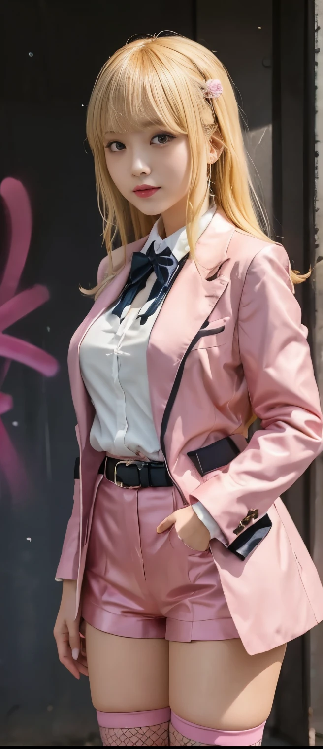 formal idol girl( light blonde hair )、A pure girl's face、 hypo、 tight shorts 、pink formal jacket、、spice belt、glowing graffiti art、fishnet tights