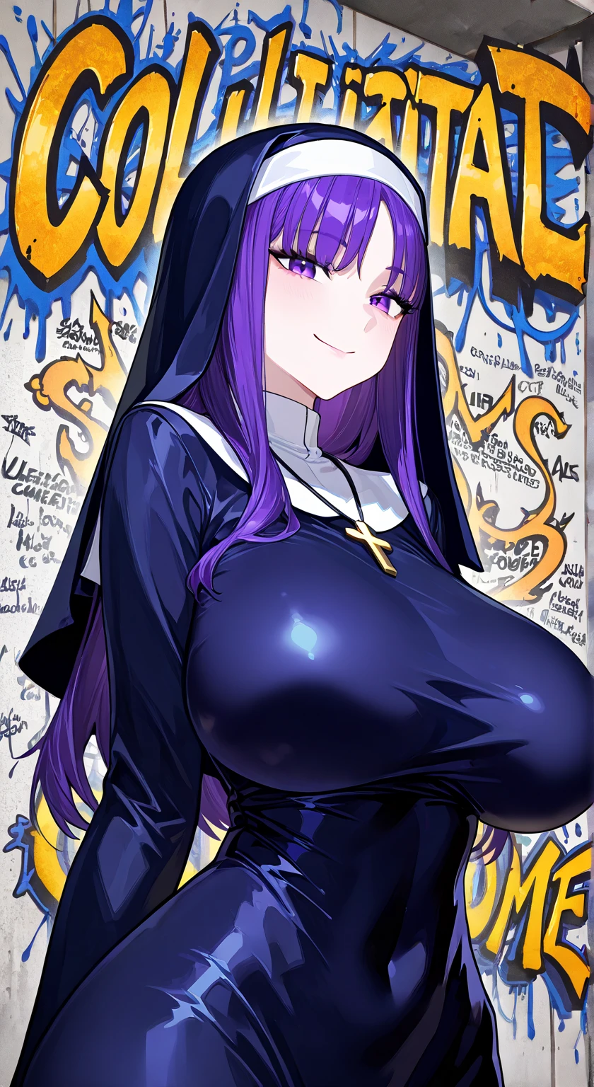 Mature Woman,(((Succubus disguised as a nun))),(((A thin veil covering the mouth,Sexy Costumes,Full Body Tights))),(Detailed Description, High resolution,8k wallpaper,masterpiece,Highest quality,Depth of region,Anatomically accurate depiction,A face with attention to detail, Eye for detail,Nice hands, Perfect Fingers,eyelash,(Brightly glowing purple eyes,Seductive Gaze,There is cleavage in the chest,A seductive smile,Large Breasts,Mysterious colored lips,bedにうつぶせ,Seductive pose,Beckoning),(((Glowing Skin、Shiny skin、Oilskin))),(From above:1.1),Perfect body,Depict the whole body,(background:bed),Devil's Wings