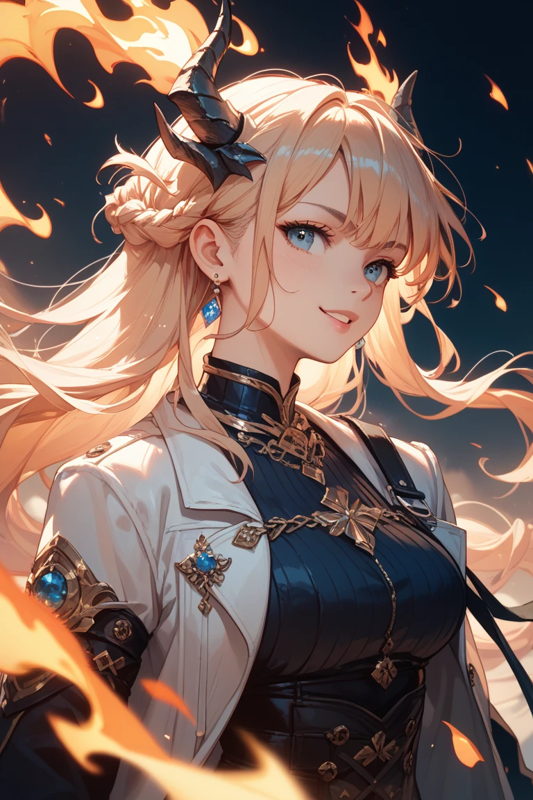 Princess, Blonde, Royal features, smile, White Dress, In the middle of the dark flames, sitting on a wooden chair, Sad but smiling, blue eyes.