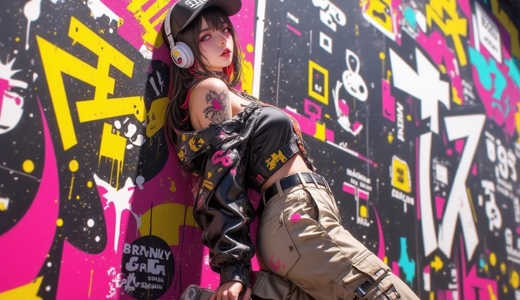 stylish t-shirt design, (best details) (highest quality), Strongest pirate girl wearing sunglasses sitting on a sofa chair, (((graffiti art))), (((Trigger Studio style, graffiti art, skull fashion, Neon color))), khan griffith, black hair 