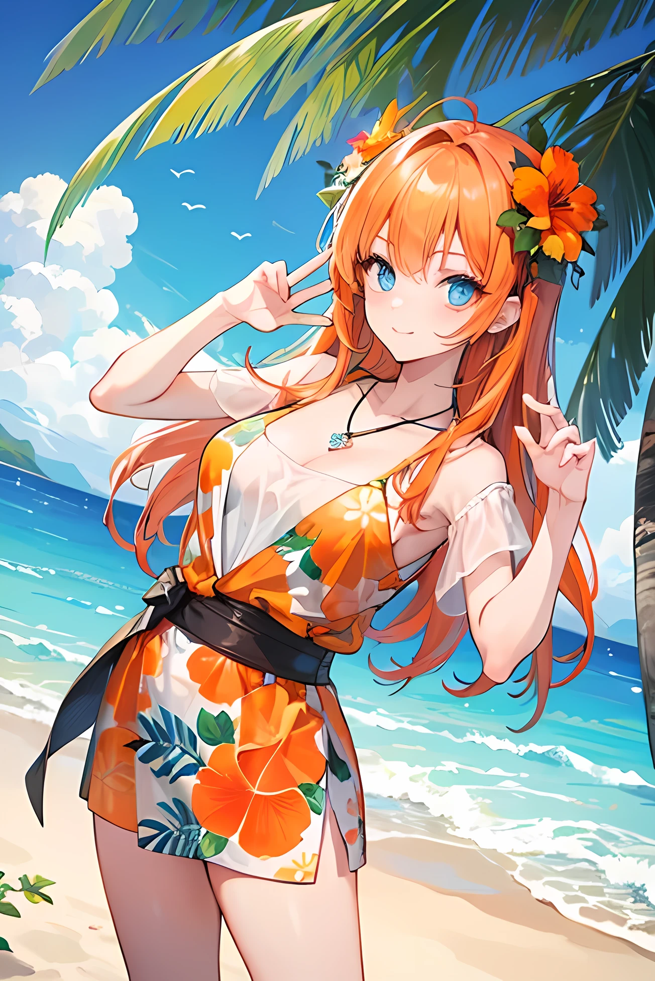 Orange Hair: Long and Straight Orange Hair。
Blue tattoo: A blue windmill and tangerine tattoo on the left shoulder。
Slim figure: Slim and stylish body type。
Weather sticks: Nami has「Weather sticks(Clima-Tact)」。
Smile: A bright and cheerful smile。
clothing: Frequently worn revealing clothing、Especially bikinis, tank tops and shorts。
Symbol of the Ocean Sailor: Ship's rudder and map、Compass and other ocean-related props。
Weather-related factors: cloud、thunder、Place weather elements such as rain in the background or on hand。
Ocean: To show that Nami is an Ocean thief、Ocean and ships in the background。
Tan Skin: Healthy Tan Skin。
accessories: Gold earrings and bracelets。
tracing: 自信に満ちたtracingや、Weather sticksを構えるアクティブなtracing。
expression: Witty and intelligent expression、A gentle expression of compassion for friends。
Blue eyes: ナミの特徴的な大きなBlue eyes。
Long legs: Accentuate your shapely long legs。
background: Ship deck and ocean scenery。
Movement: Movement with hair blowing in the wind、Weather sticksを振るアクション。
fashion: Fashionable clothing and accessories for the fashion-conscious。
Comic style: 『one piece』Designed to match the style of anime and manga。
Colorful colors: Vivid colors express the brightness of the characters。