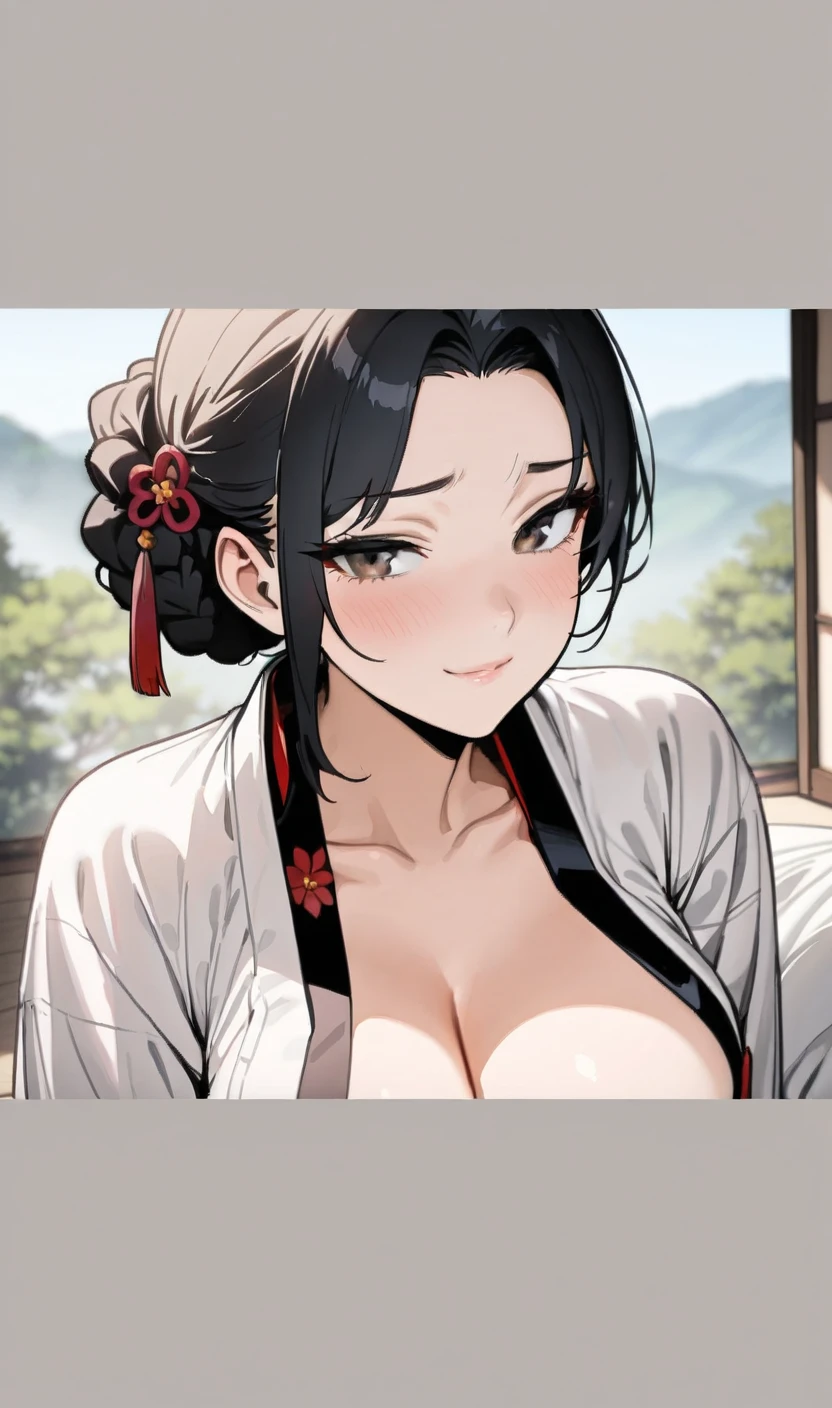 extremely high quality,1girl,see-through,japanese_clothes, 1girl, solo, breasts, looking at viewer, large breasts, black hair, cleavage, jewelry, nipples, collarbone, earrings, black eyes, lips, see-through, sash, realistic, nose,<lora:lbc_ST_japanese_clothes:0.4>,close-up,