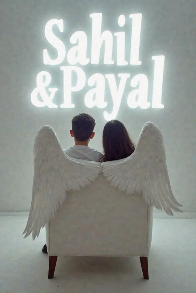 Create a 3D illusion for a profile picture where a 20-year-old cute boy and a girl in a white shirt are sitting casually on a wingback chair. Wearing sneakers, he looks ahead. The background features “Pradeep & Manish” in big and capital Orange neon light fonts on the dark grey wall. There should not be his shadow, and there are wings to make it appear as if he is an angel.