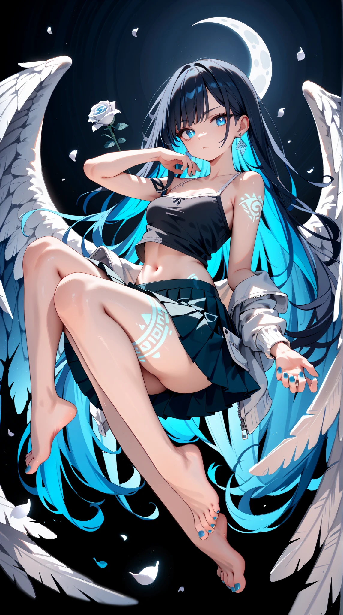 Miku Hatsune, add high definition_detail:1, blue fur,kitsune ears, tribal tattoo add_detail:1, in hell add_detail, barefoot, the same, giant black feather wings add_detail:1 ,alas hermosas la mejor calidad y detail en las flumas, blue saturation light