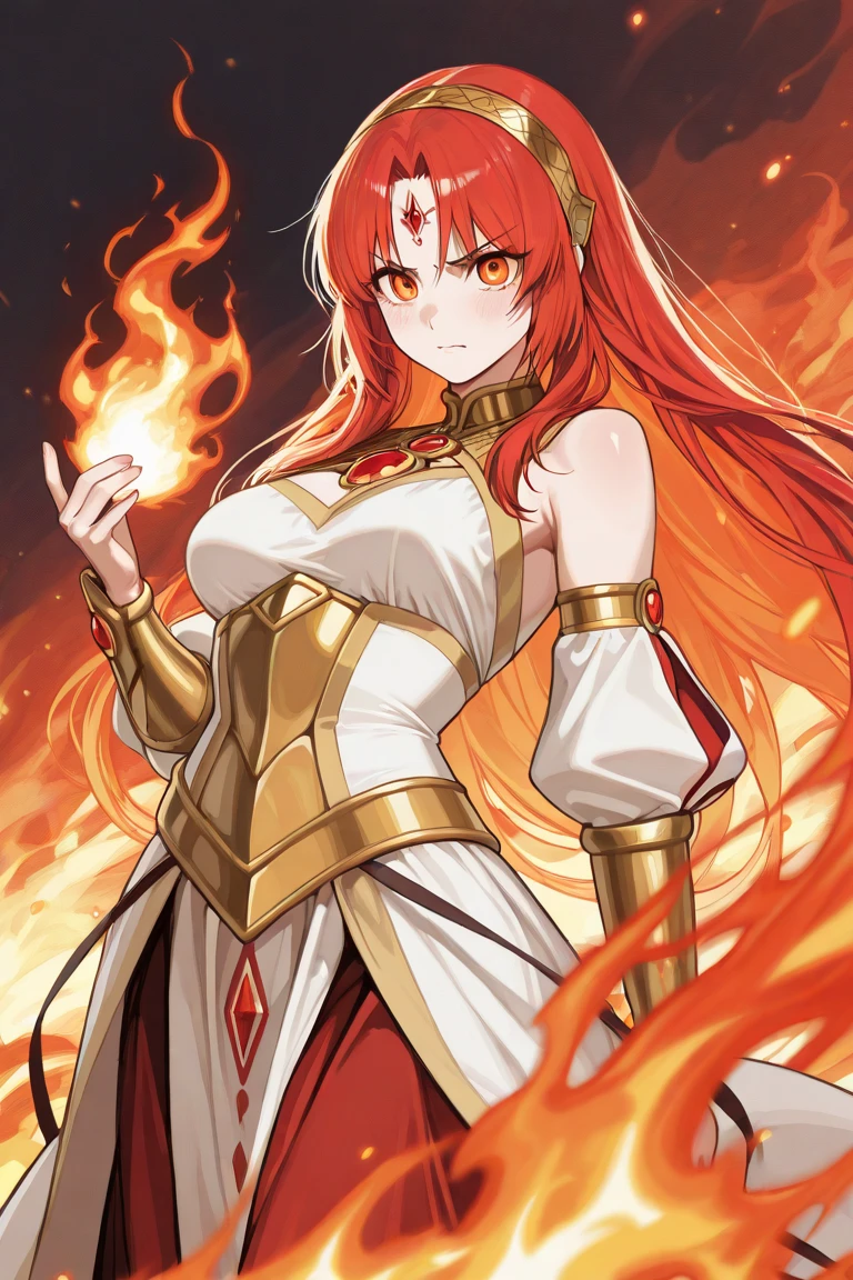 Anime - Style illustration of a woman with a ring of fire around her neck, fire mage, goddess of fire, she has the power of fire, goddess of fire, goddess of fire, appears as goddess of fire, queen of fire, epic mage girl character, fire!! Full body, portrait knight of zodiac girl, extremely detailed Artgerm, knight of zodiac girl, anime goddess, a little more exposed