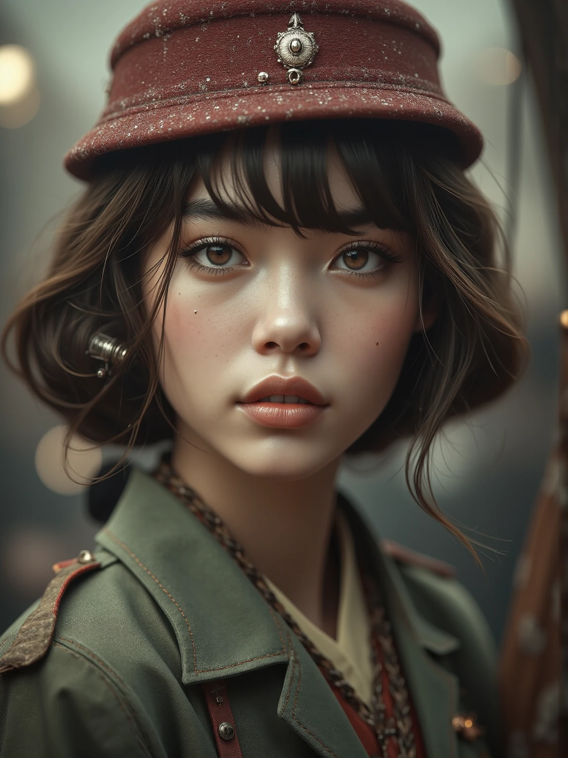 A woman, thirty two years old, with soulless brown eyes and short hair brown, with military uniform, small nose and perfect lip. she have a soldier and war background, run makeup, perfect brown eyes and little blood in her face, white skin, full body