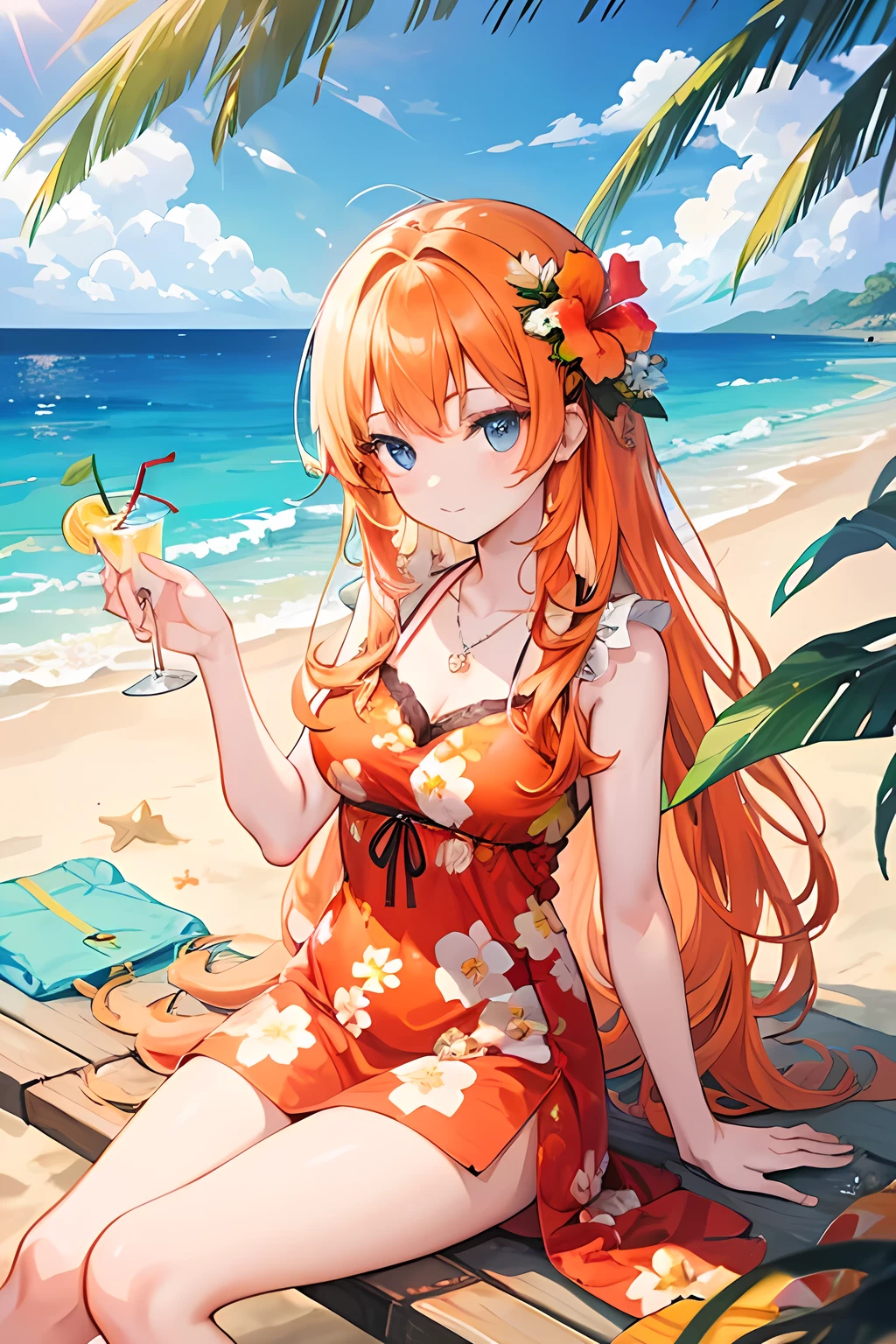 itsukinakano, itsuki nakano, bangs, blue eyes, hair between eyes, Ahoge, redhead, star \(symbol\), hair ornaments, star hair ornamentsにっこり, smile, open your mouth,big straw hat,red bikini,bare belly, (beach salon), big breasts,((salon)), beach outfit,real summer,Palm tree,
break outdoors, beach,
break looking at viewer, (cowboy shot:1.5),
break (masterpiece:1.2), highest quality, High resolution, unity 8k wallpaper, (shape:0.8), (fine and beautiful eyes:1.6), highly detailed face, perfect lighting, Very detailed CG, (perfect hands, perfect anatomy),