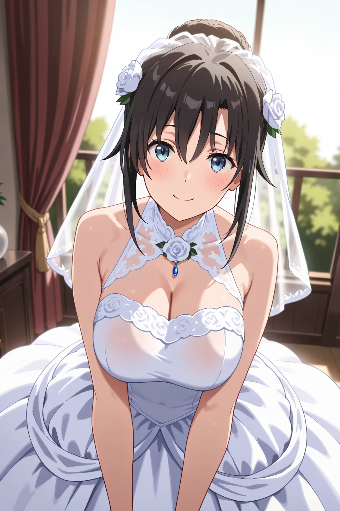 silky skin, bride, bra, underwear, veil, masterpiece, best quality, Aoi Kanzaki \(Kimetsu no Yaiba\), 1 Girl, Solitary, breast, short_hair, Open_Mouth, Black_hair, bride, Wedding dress,Wedding dress,White, underwear, Lace, happy, smile