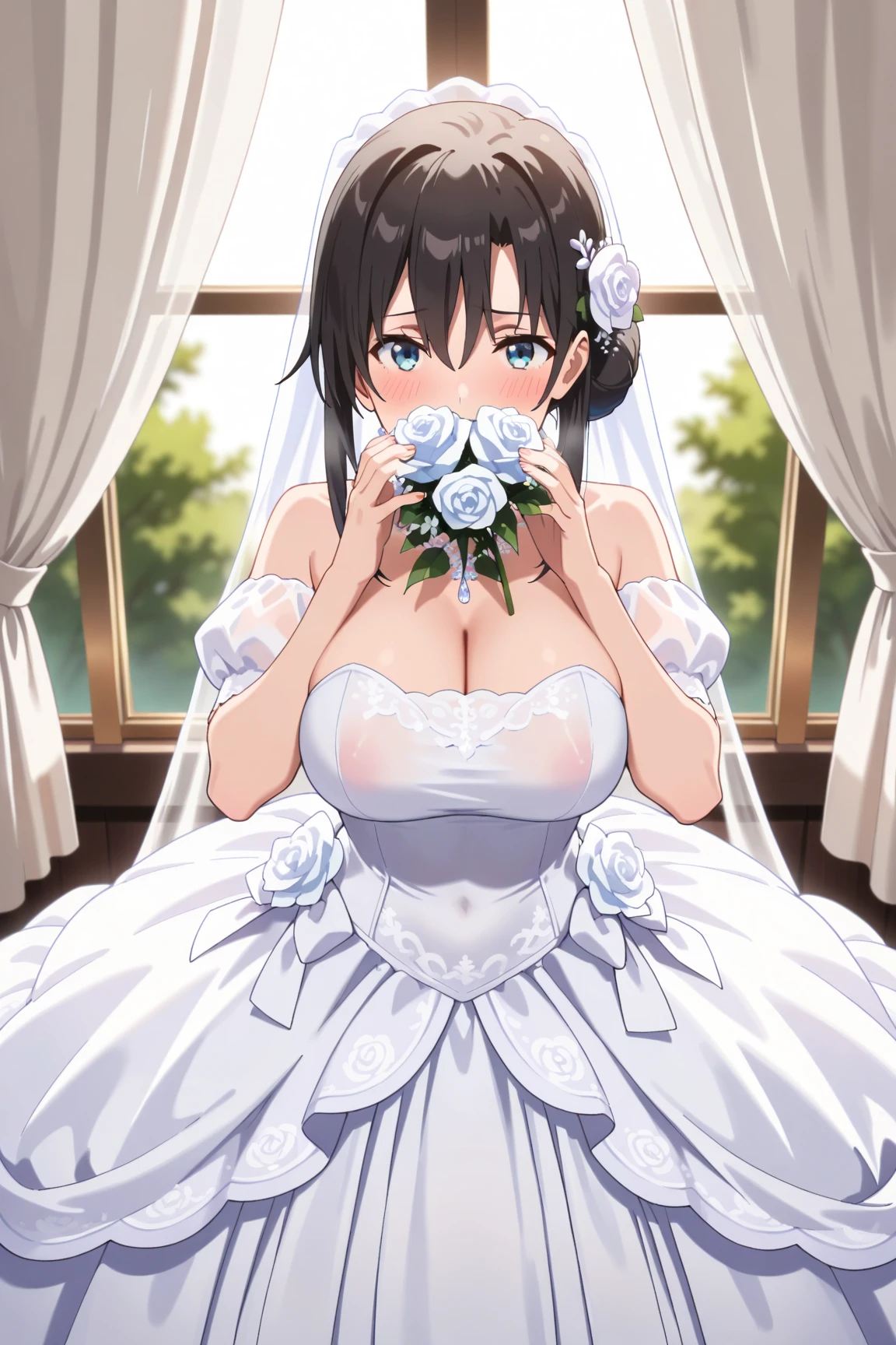 Anime drawing with vivid colors Tall woman:1.9 Veil, All lace, White wedding dress, Mini skirt, Big breasts, Sweat, Naked:1.9. Blushing cheeks: Daytime:1.3 On the bed, white sheets, short black hair, ponytail:1.9 Straight hair Hair tie Sweep bangs to the side:1.9. Slanted eyes, brown eyes, tall, strong-willed, beautiful