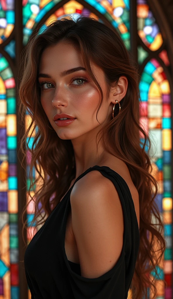 Generate a realistic photograph of an attractive and provocative fallen angel, con grandes y majestuosas alas negras y rojas, with long flowing brown hair, with an angelic expression and a seductive mystical aura, con una leve sonrisa. Una pose atractiva, provocativa y seductora, Looking at the camera, Inside a stunning Gothic cathedral with large stained-glass windows filtering the light. La imagen debe ser un plano general. The camera used is an advanced compact camera, And the camera film is of high sensitivity (ISO alto). A wide-angle lens will be used to capture the scene, And the lighting should mimic the warm, golden light of the sunset. (((Cara hiperrealista)))(((Detalles de piel extremadamente realistas))) (Cara con sombras detalladas) (Obra maestra, highest qualityr), (realista, Foto_realista:1.9), ((photo session)) foco nítido, 8k, UHD, alta calidad, frowning mouth, intrincado detallado, Altamente detallado, hyper-realistic