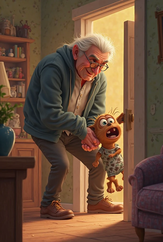 A very drunk bald man looking at a crying baby with square glasses 