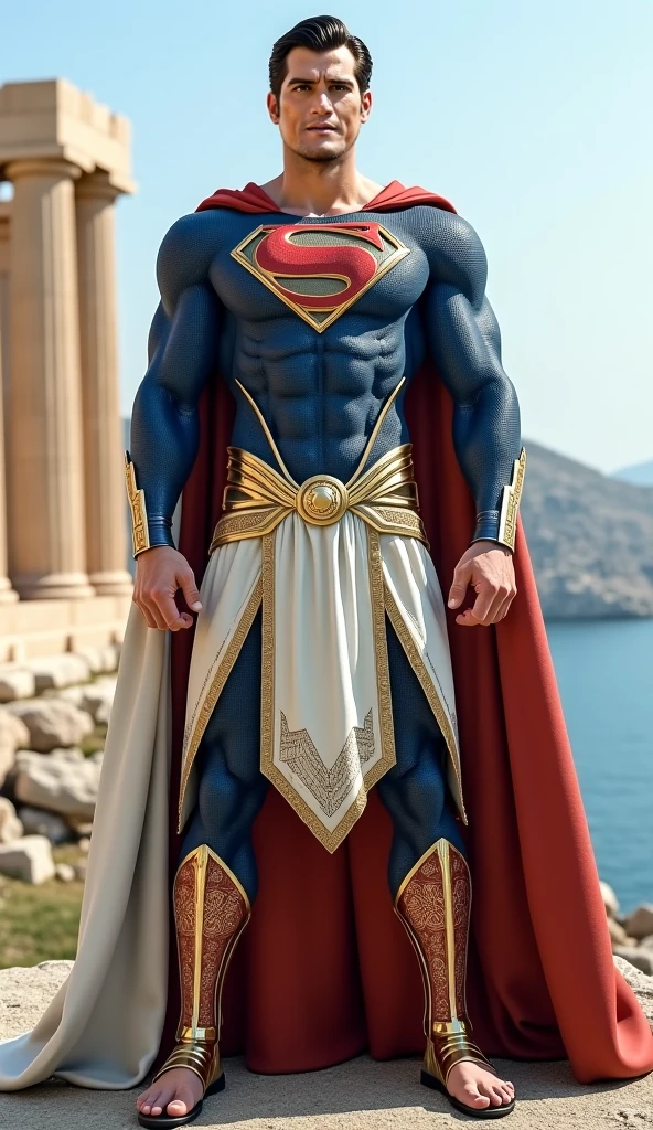 (Very detailed 8K wallpaper.), Middle shot of a young male model, blue eyes, brown hair, strong jaw, fit the body, which tall, full body, Prince Aesthetics, gothic architecture, shirtless, soft light,Superman costume