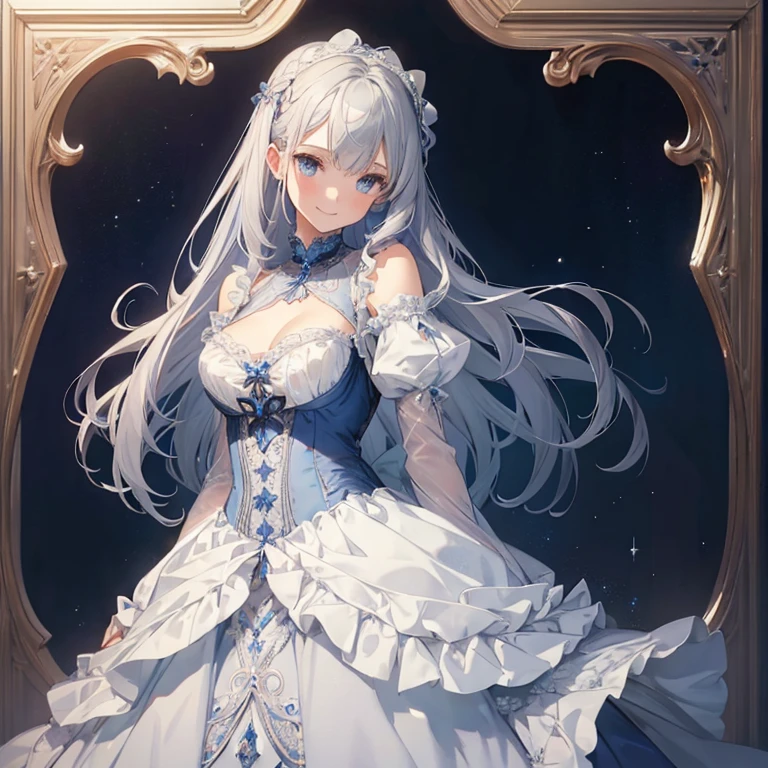 "Create a highly detailed and beautiful anime image of a solo girl with white hair and blue eyes, wearing a stylish and elegant outfit. The girl should have a sophisticated air about her, with perfect makeup, perfectly tousled white hair, and a soft, charming smile. Background elements should include luxurious fabrics, soft lighting, and a sense of elegance. The girl should be in the center of the image, with focus on the face, expression, and outfit design.