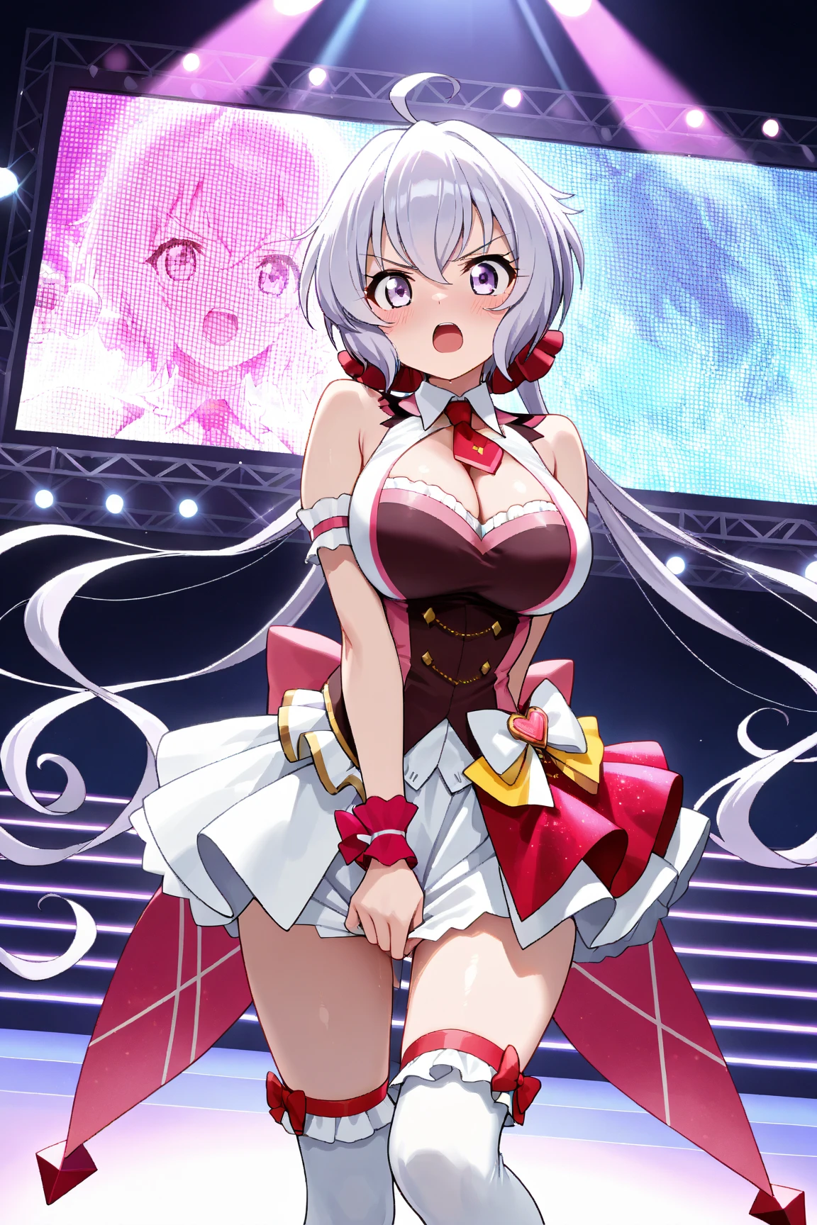 A cute girl with red twin tails wearing a red and white robot-like barrette, beautiful detailed eyes, beautiful detailed lips, extremely detailed face, long eyelashes, a red and white mechanical idol costume with frills, slightly larger machine-made breasts creating cleavage, exposed mechanical limbs, dynamic poses with a microphone in one hand, exciting the arena, a futuristic live stage background with monitors and cheering audience, realistic mecha representation, high quality, (masterpiece, best quality, 4k, 8k:1.5), ultra-detailed, ultra-fine painting, dramatic lighting, physically-based rendering, vivid colors, professional photography