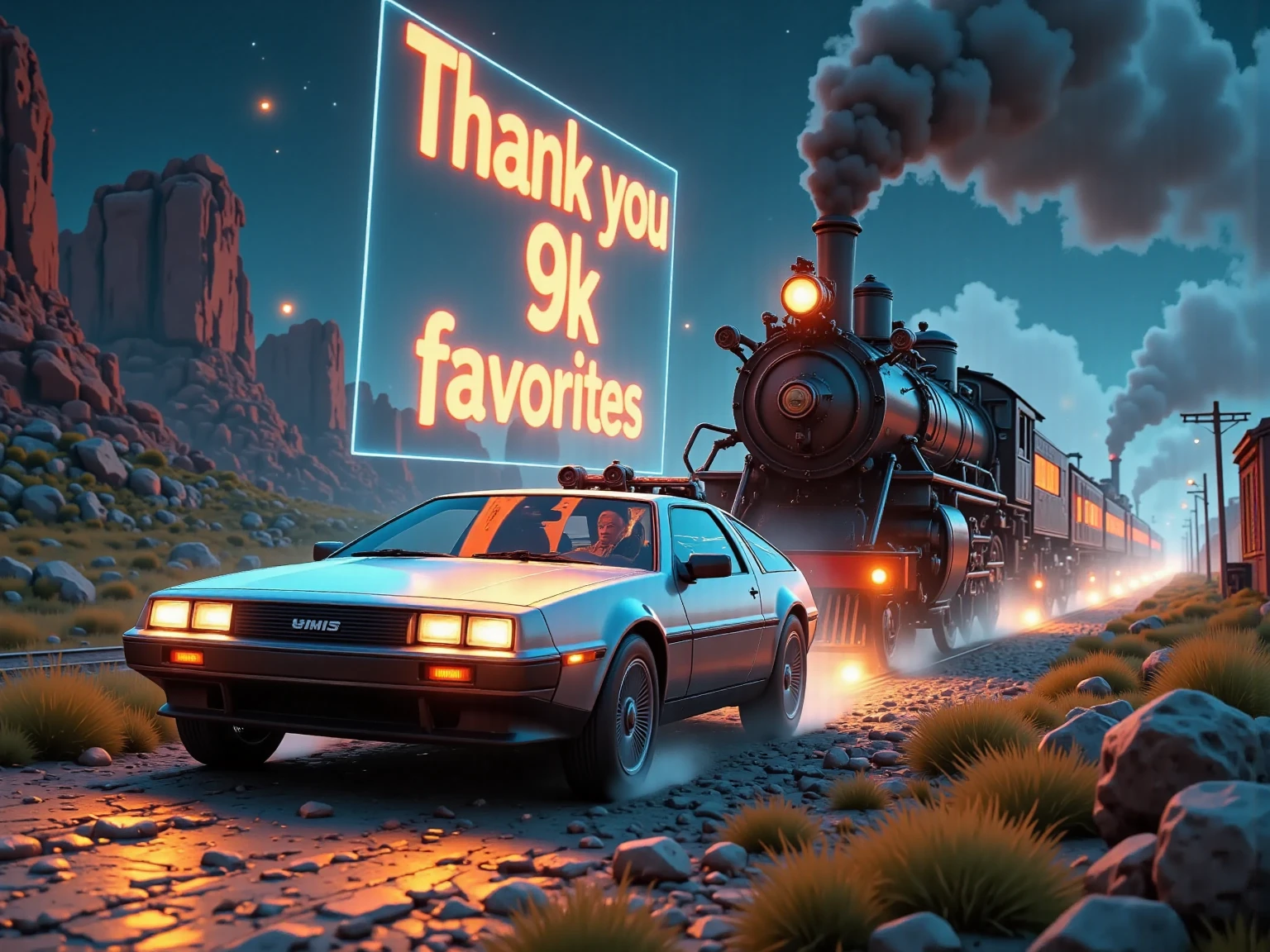 
(((article, "Thank you for 9K favorite ", Add text"Thank you 9K favorite", title logo font))) ,(Back to the Future,デロリアンが高速走行,時計塔