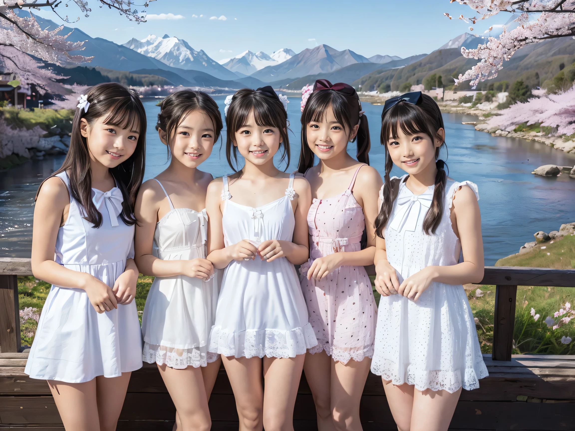high resolution, 8K, hyper-detailed, photorealistic, masterpiece, professional digital art, traditional Japanese style, (Very cute ta:1.5), a group of four girls sitting side by side on chairs, (mountains, rivers, cherry blossoms, a magnificent view:1.5), polka dot panties, (white panties:1.5), panties, polka dot, underwear, outdoors, dress, multiple girls, (Slender:1.5),black hair, long hair, smile, lifted by self, hair ornament,(clothes lift:1.6), sitting, open mouth, 4girls, looking at viewer, brown eyes, white dress, blush, (bow panties:1.4), (loli), day, bow, (dress lift:1.6), polka dot dress, hair flower, twintails