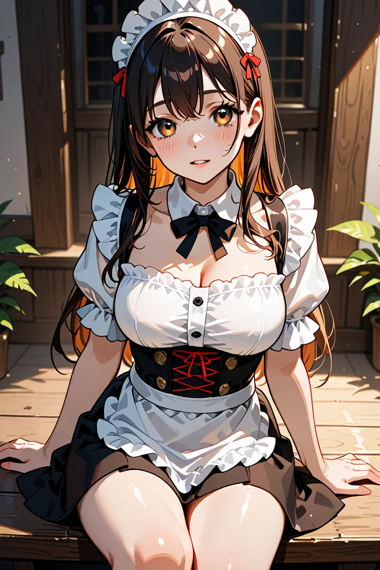 Masterpiece、Highest quality、Highest quality, (long and thin legs, shoes:1.2), Arm behind wrist, squat、Spread your legs、1 girl, (smile、Open your mouth大笑い:1.2), Cute eyes, (Detailed face:1.3)、Open your mouth, The whole face turns red, alone, Big and ample breasts, (Straight bangs, Twin tails), White maid outfit、Side bust、Underbust、belly button、Walking through the mansion'corridor、nsfw