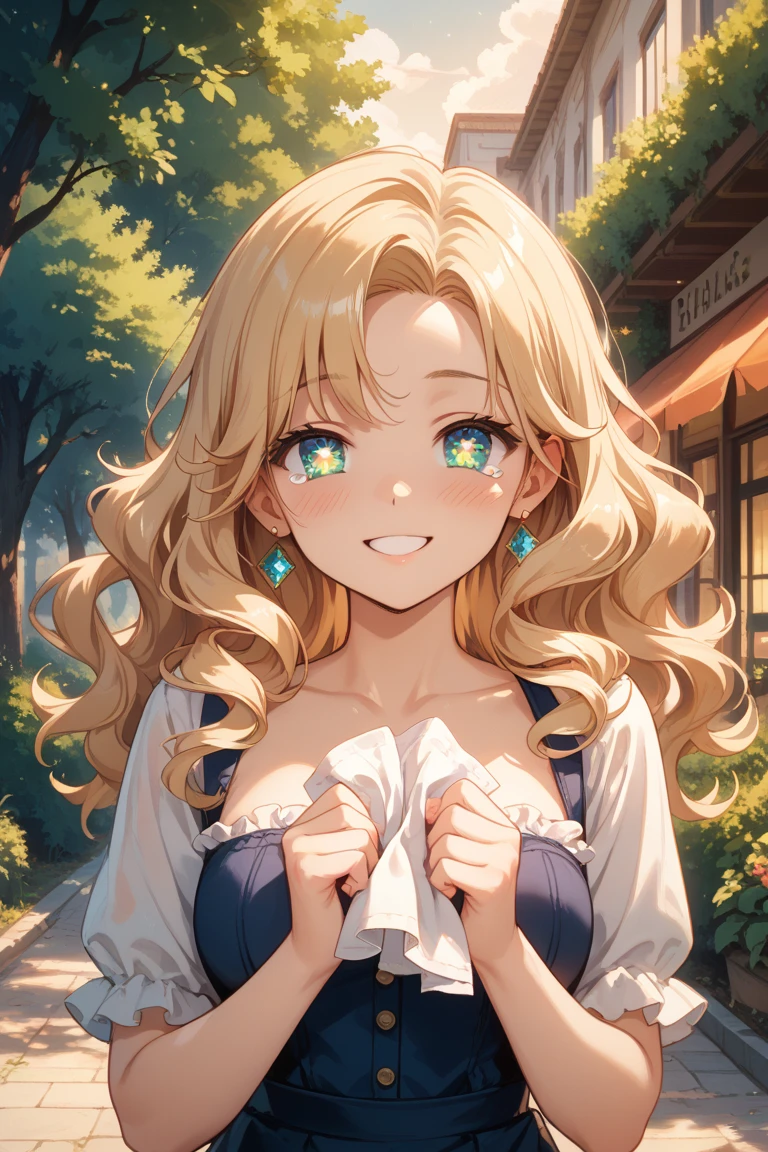 blonde hair, long hair, long blonde hair, blue eyes, detailed eyes, full lips, cute nose, smiling, cute, large breasts, cleavage, peach skin, curly hair, long blonde curly hair, sleeves, cute clothes, outside, sunny, bright, happy, modern outfit